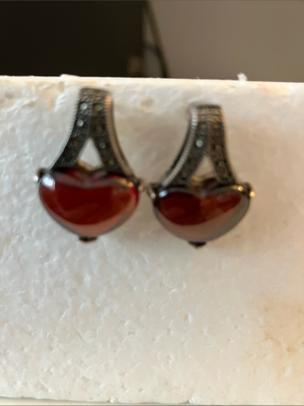 SX Sterling Heart Drop Earrings in Deep Red Glass and Marcasite